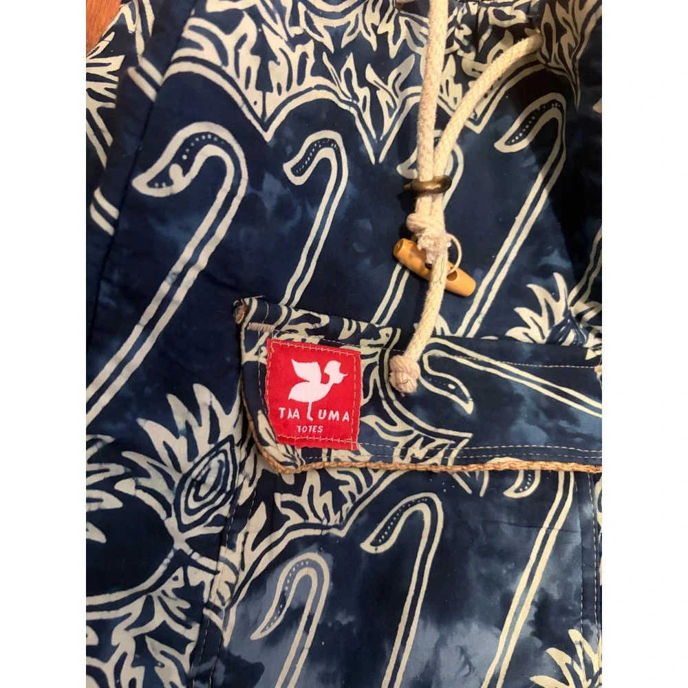 Taaluma‎ Totes Backpack Boho Blue Batik Straw Accent Drawstring Toggle OS
